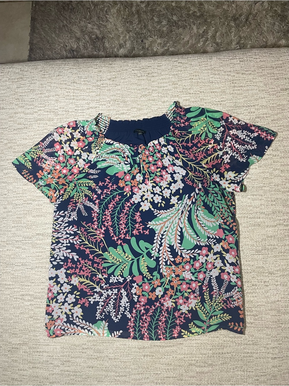 Talbots Navy Floral Short Sleeve Top Large - Picture 9 of 10